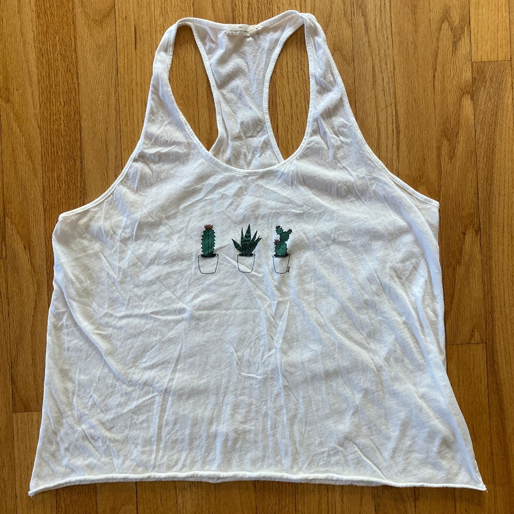 Michelle By Comune White Tank Top with Cactus, Size Medium, Racerback